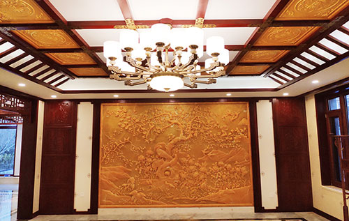 石龙镇中式别墅客厅中式木作横梁吊顶装饰展示